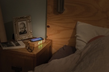 Logo trade promotional merchandise photo of: Bamboo alarm clock with 5W wireless charger