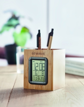 Logo trade corporate gift photo of: Bamboo pen holder and LCD clock