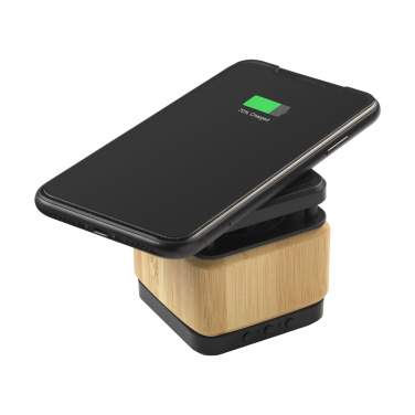 Logo trade promotional gift photo of: Bamboo Block Speaker with wireless charger