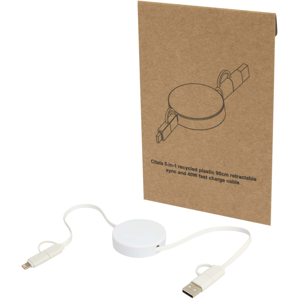 Logo trade promotional merchandise picture of: Citala 5-in-1 recycled plastic 90 cm retractable data sync and 40W fast charge cable