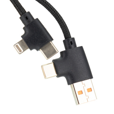 Logotrade mainoslahja tuotekuva: 4in1 pitkä puinen kaapeli, jossa korostettu logo kaiverrukseen